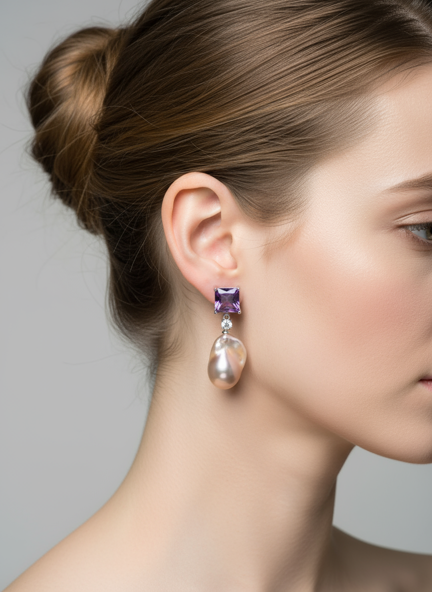 Nacre Tale Baroque Pearl & Amethyst Drop Earrings - Sterling Silver with Natural Freshwater Pearls