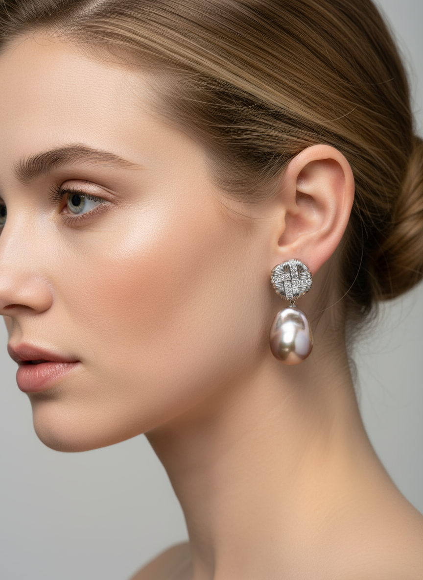 Nacre Tale Baroque Pearl Drop Earrings - Silver with Sparkling Stone Accents