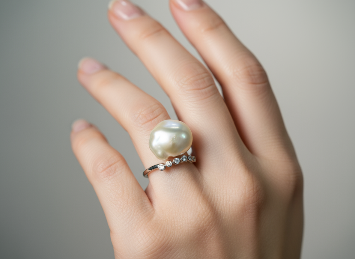 Nacre Tale Baroque Pearl & Diamond Ring - Sterling Silver with Organic-Shaped Pearl