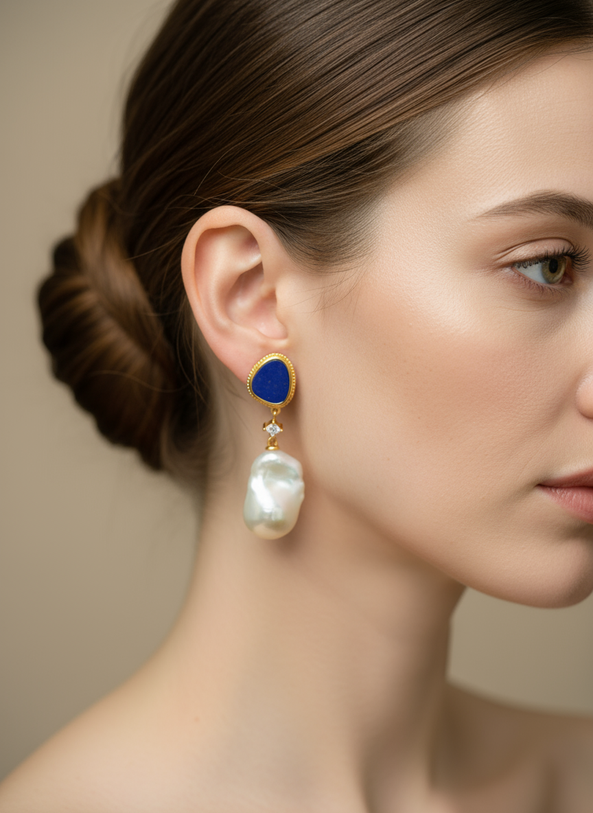 Nacre Tale Asymmetric Pearl & Lapis Lazuli Drop Earrings – Baroque Pearl with Bohemian Elegance