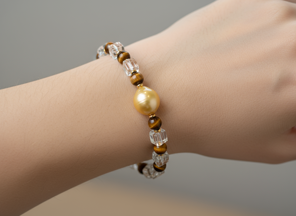 Nacre Tale Golden South Sea Pearl & Tiger Eye Statement Bracelet