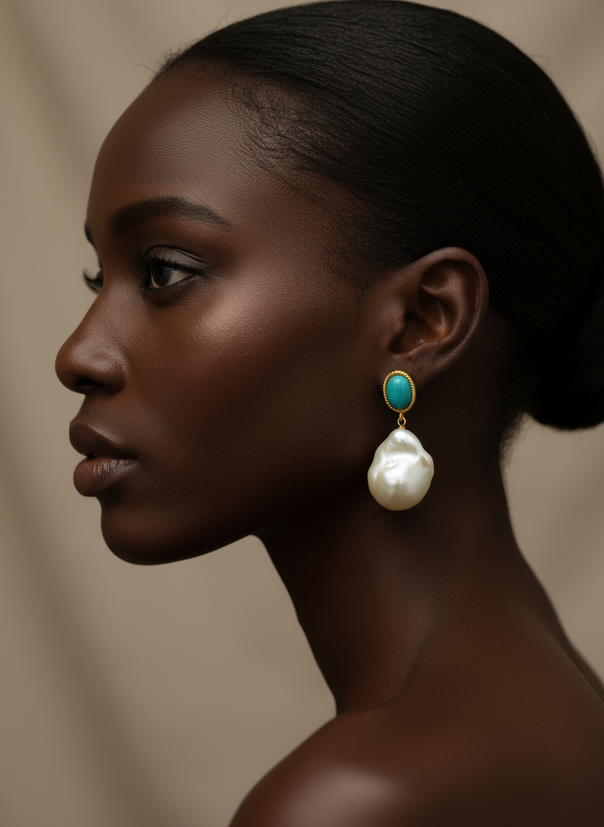 Nacre Tale Baroque Pearl & Turquoise Drop Earrings - Gold-tone Bohemian Elegance