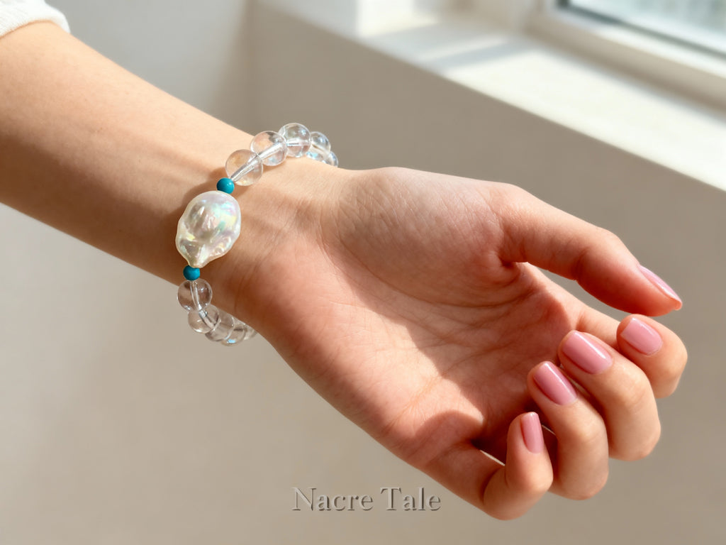 Nacre Tale Baroque Pearl & Crystal Bracelet - Turquoise Accented Freshwater Pearl Jewelry