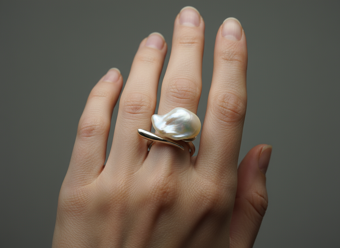 Nacre Tale Baroque Pearl Ring - Sterling Silver with Unique Organic-Shaped Pearl
