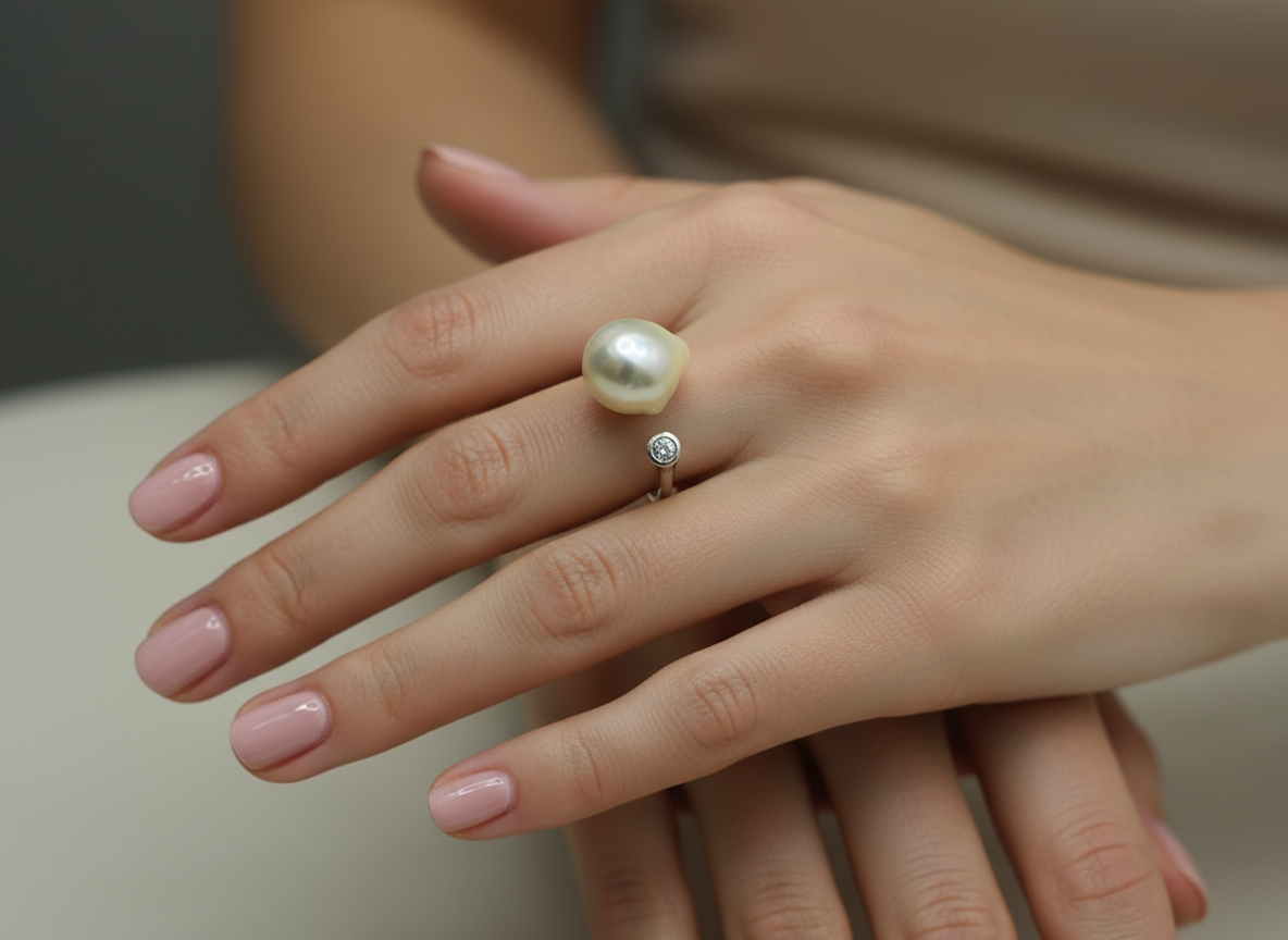 Nacre Tale Sterling Silver Pearl Ring with Diamond Accent