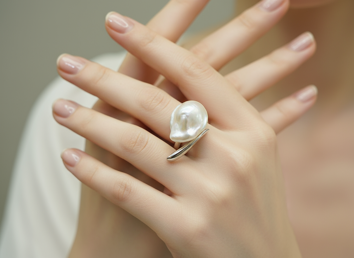 Nacre Tale Baroque Pearl Ring - Sterling Silver with Unique Organic-Shaped Pearl