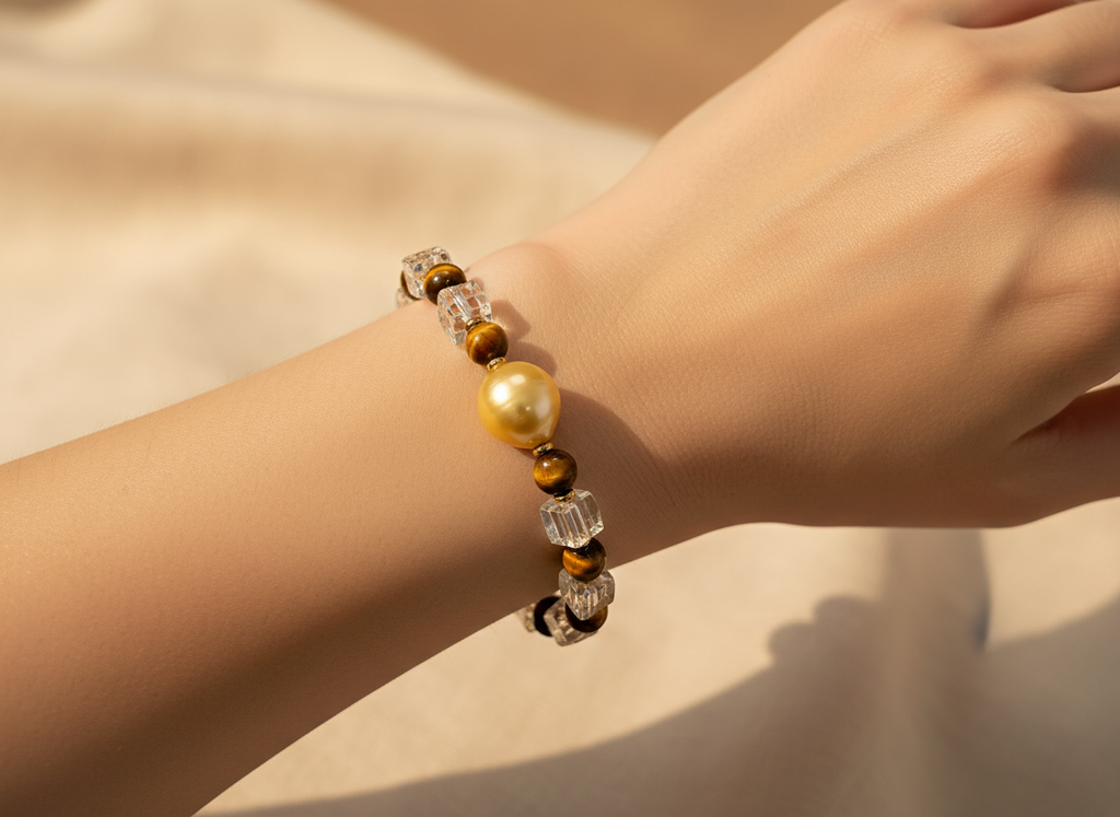 Nacre Tale Golden South Sea Pearl & Tiger Eye Statement Bracelet