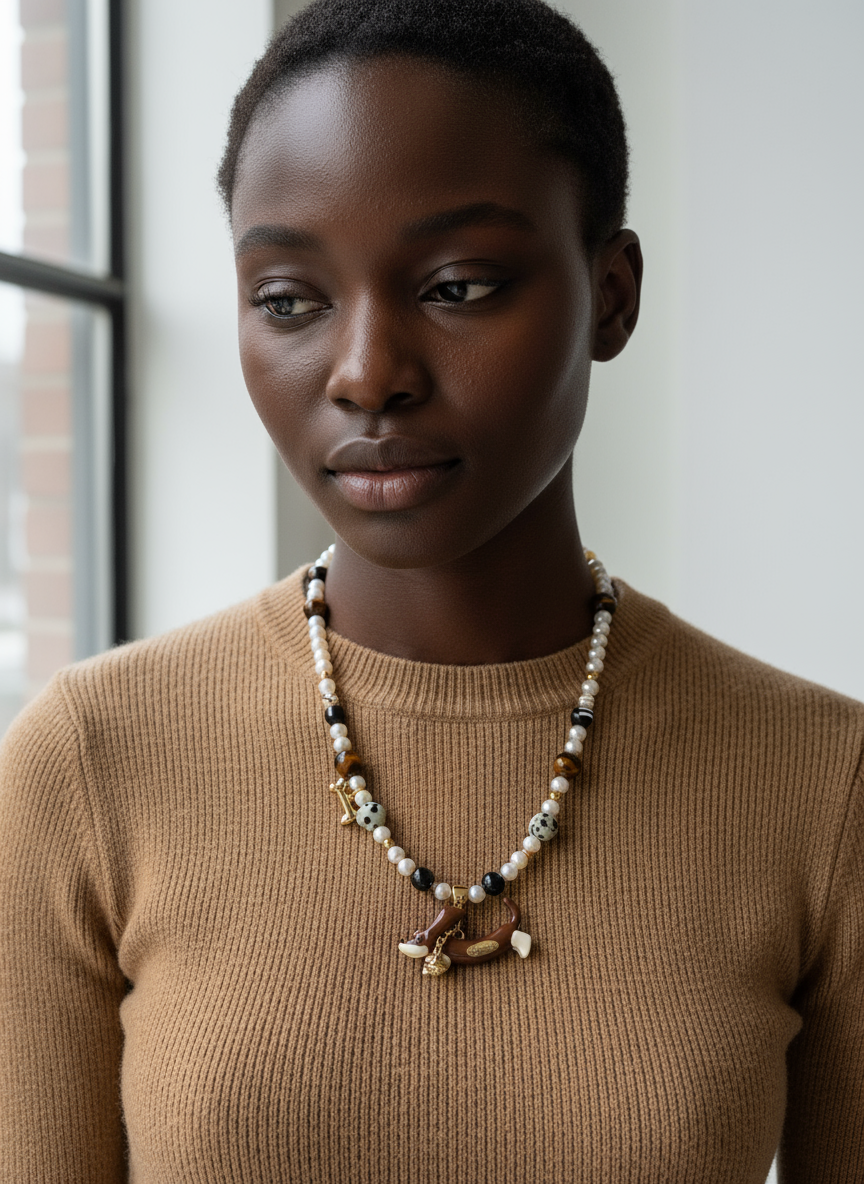 Nacre Tale Dachshund Pearl Charm Necklace - Pearl & Agate Beads with Pet Memorial Charm