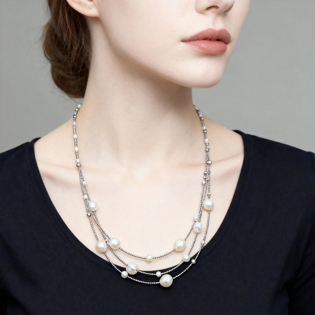 Nacre Tale Multi-Strand Pearl Choker - Layered Freshwater Pearls with Silver Chain