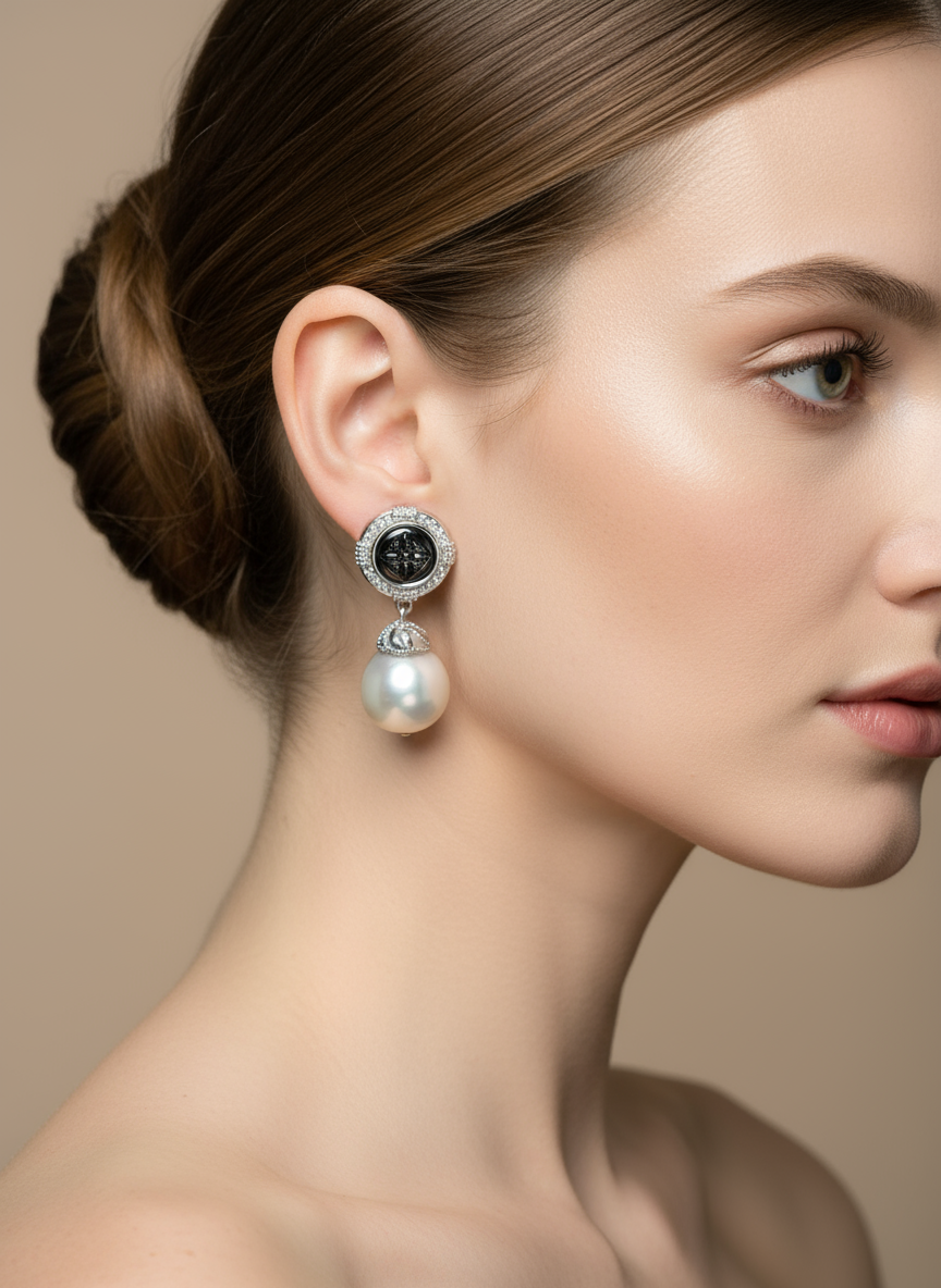 Nacre Tale Baroque Pearl Drop Earrings - Silver with Diamond Accents