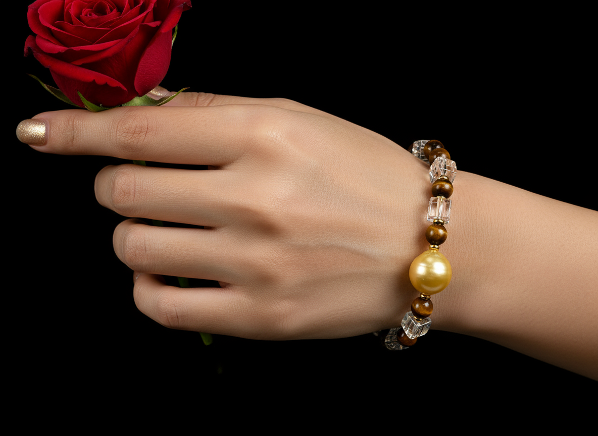 Nacre Tale Golden South Sea Pearl & Tiger Eye Statement Bracelet