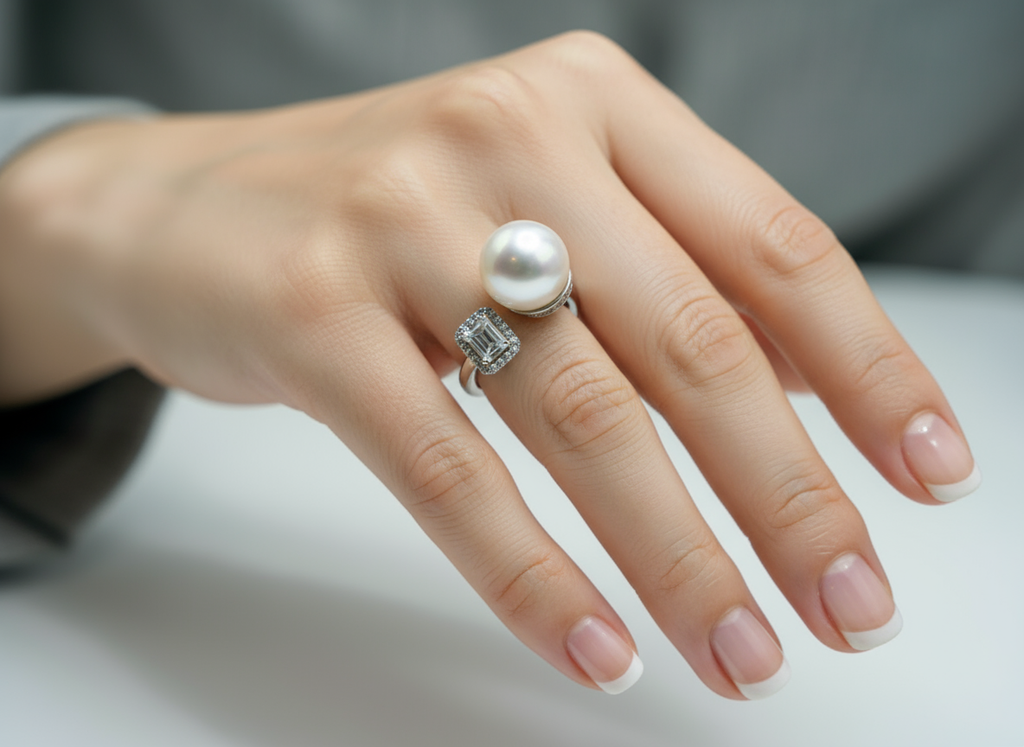 Nacre Tale Pearl and Diamond Engagement Ring - Sterling Silver with Akoya Pearl