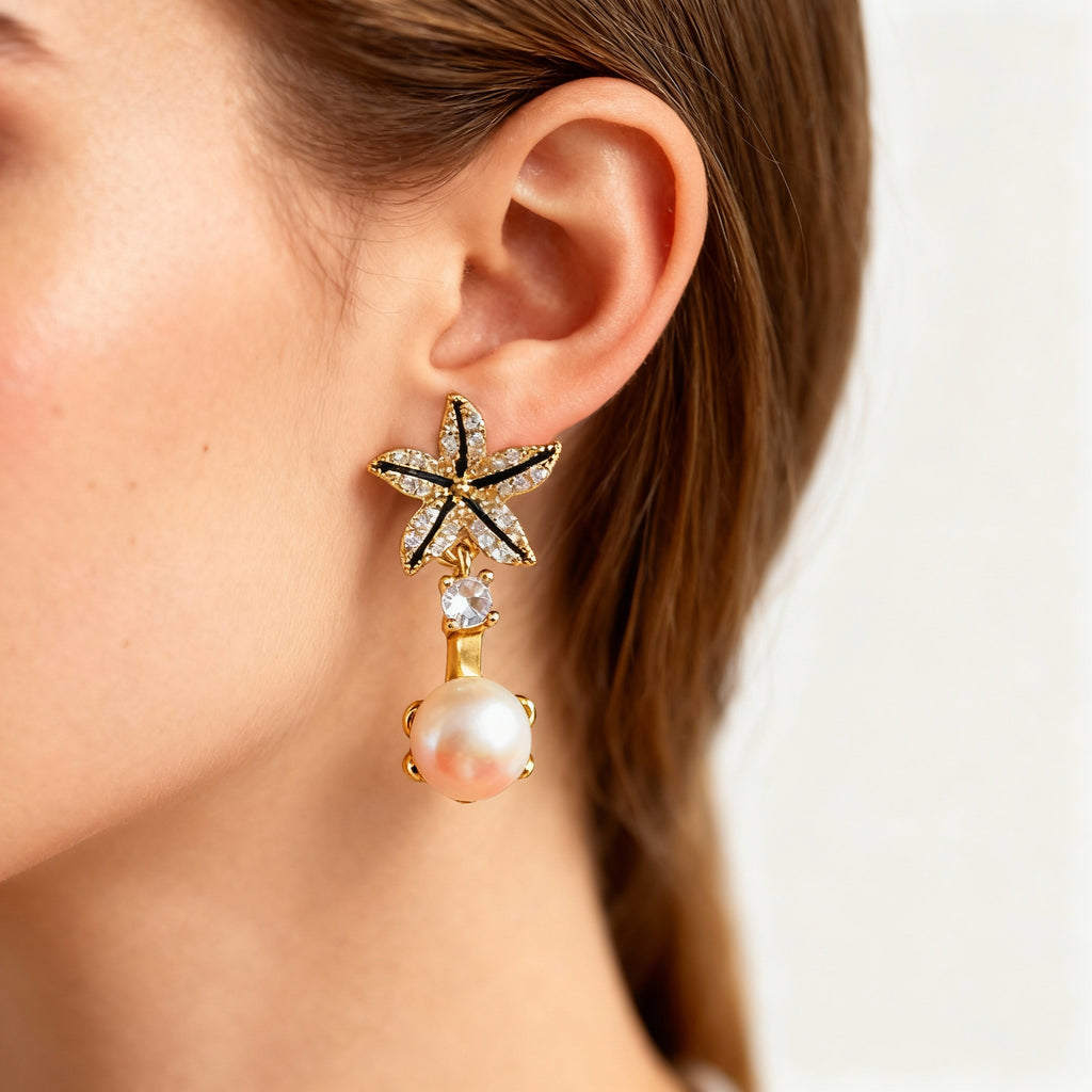 Nacre Tale Golden Starfish Pearl Earrings - Crystal Accented Coastal Elegance