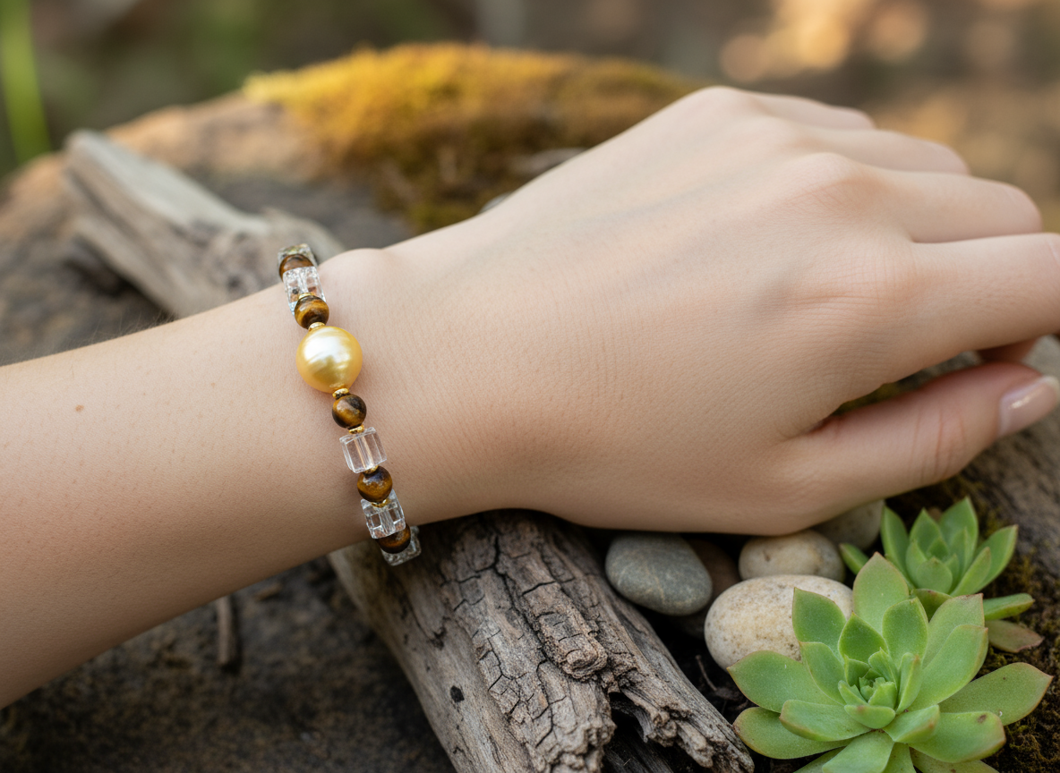 Nacre Tale Golden South Sea Pearl & Tiger Eye Statement Bracelet