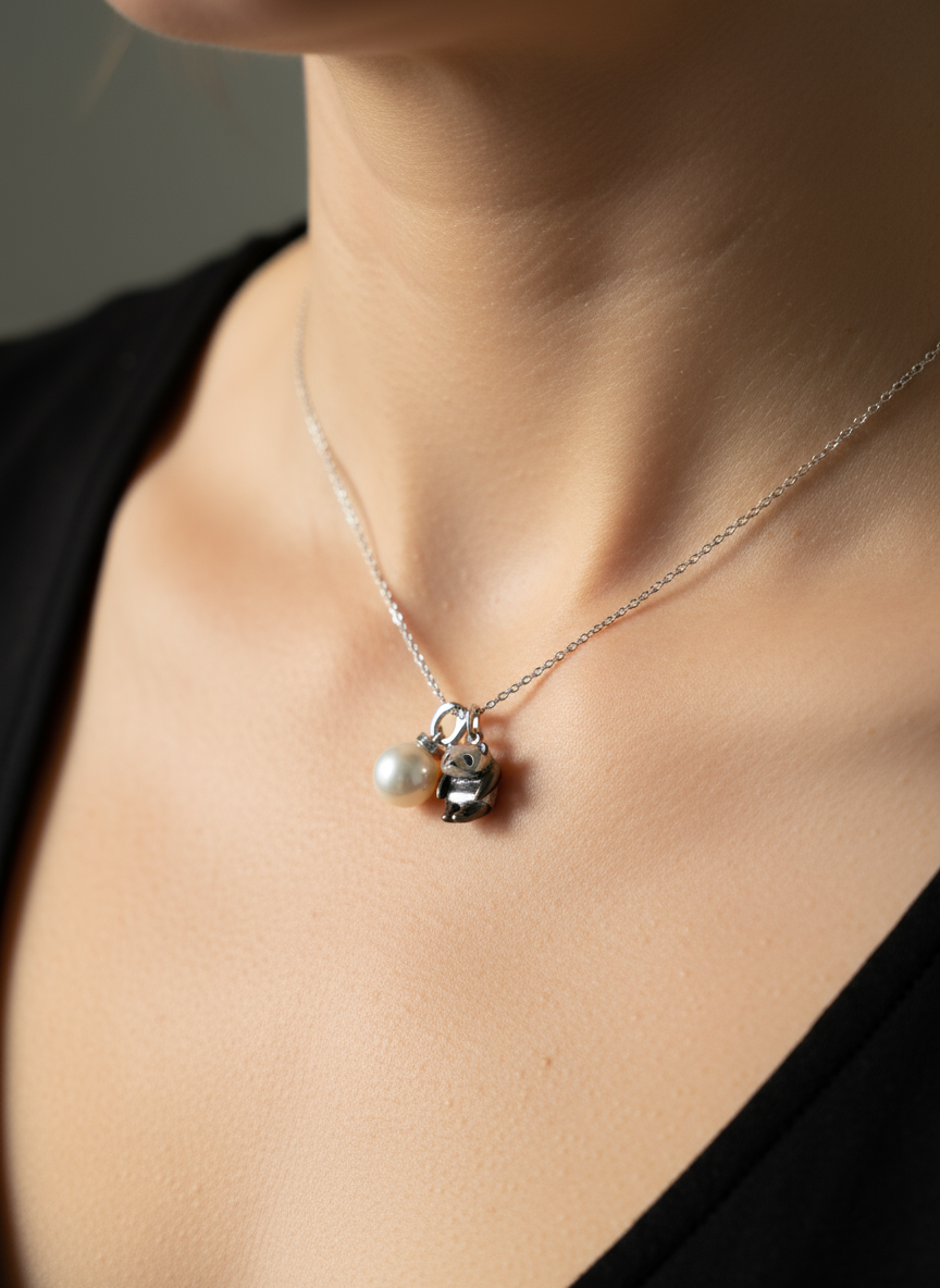 Nacre Tale Panda & Pearl Charm Necklace - Sterling Silver with Freshwater Pearl