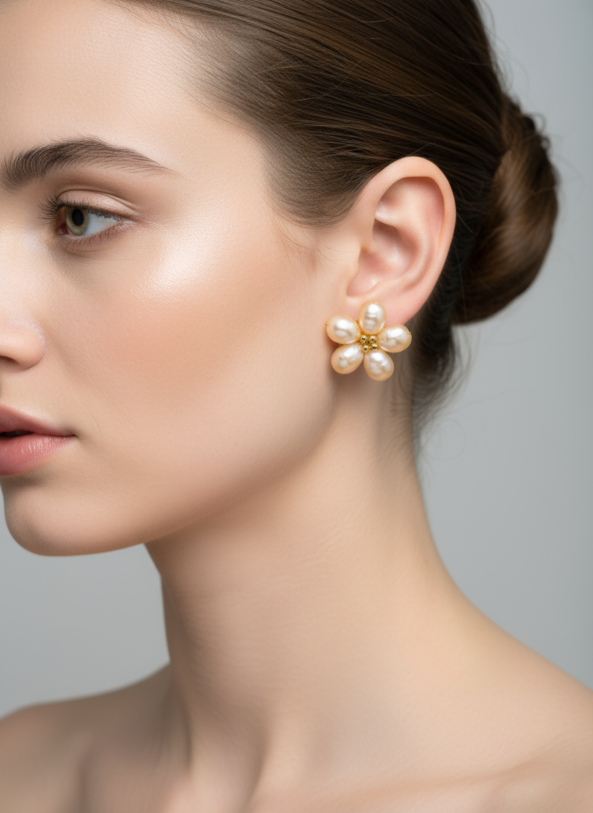Nacre Tale Pearl Flower Stud Earrings - 8-10mm Cultured Pearls with Gold-Tone Floral Setting