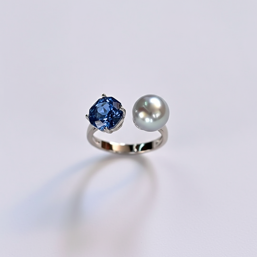 Nacre Tale Asymmetric Pearl & Sapphire Ring - Sterling Silver with Cultured Pearl