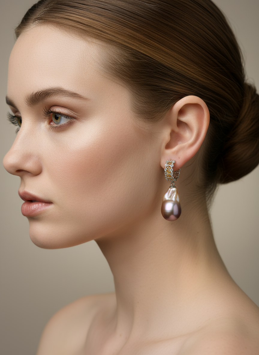 Nacre Tale Baroque Pearl & Crystal Hoop Earrings - Sterling Silver with Pink Baroque Pearls