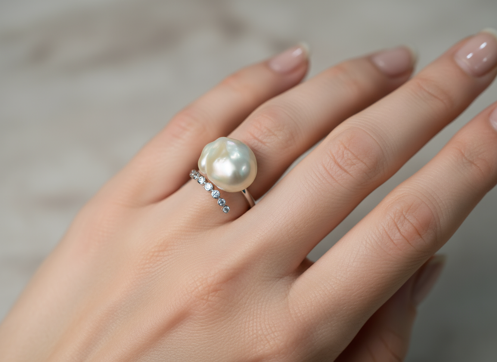Nacre Tale Baroque Pearl & Diamond Ring - Sterling Silver with Organic-Shaped Pearl