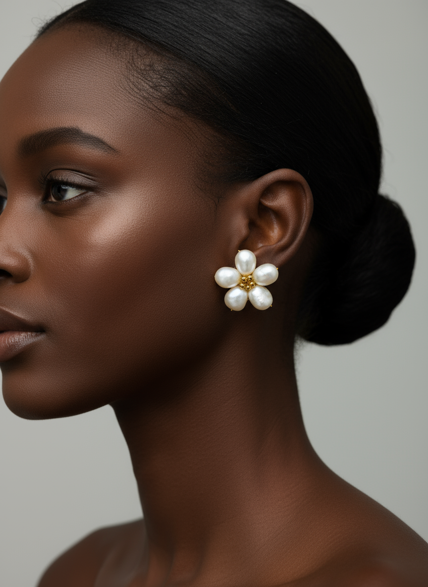 Nacre Tale Floral Pearl Stud Earrings - Genuine Pearls with Gold-Tone Floral Design