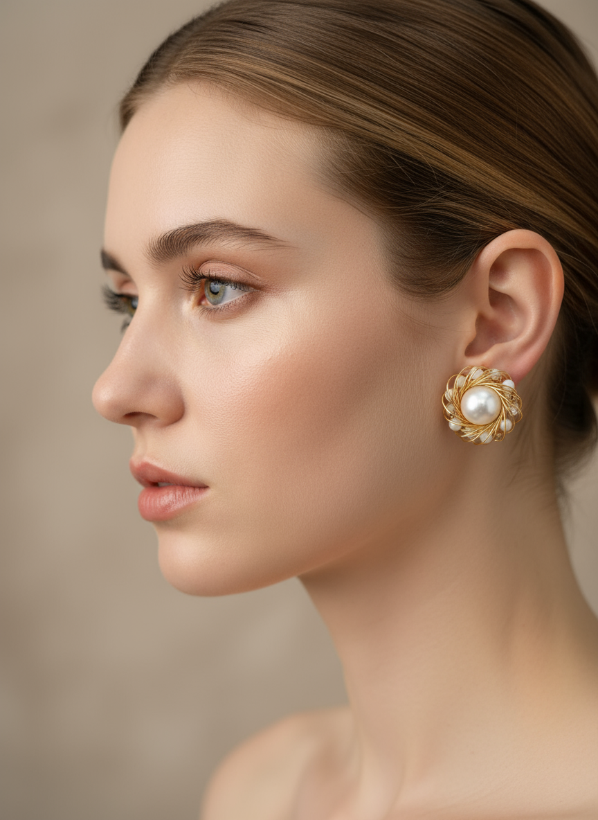 Nacre Tale Pearl Wrapped Stud Earrings - Delicate Gold-Tone Wire with White Bead Accents