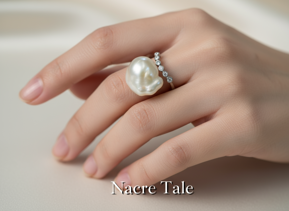 Nacre Tale Baroque Pearl & Diamond Ring - Sterling Silver with Organic-Shaped Pearl
