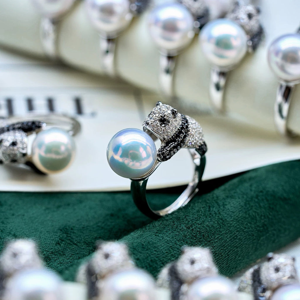 Panda Brakuma Perla Ringo - Sterlinga Arĝento kaj Natura Brila Perlo