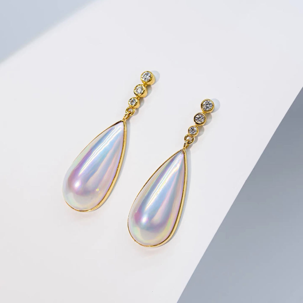 Ethereal Rainbow Mother-of-Pearl Earrings - Elegant Gold & Diamond Drops