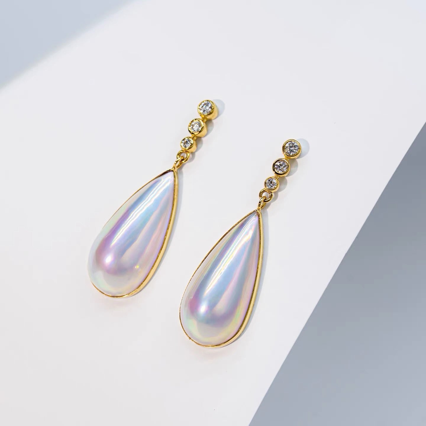 Ethereal Rainbow Mother-of-Pearl Earrings - Elegant Gold & Diamond Drops