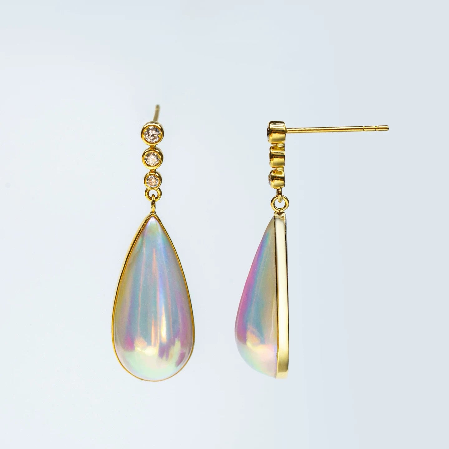 Ethereal Rainbow Mother-of-Pearl Earrings - Elegant Gold & Diamond Drops