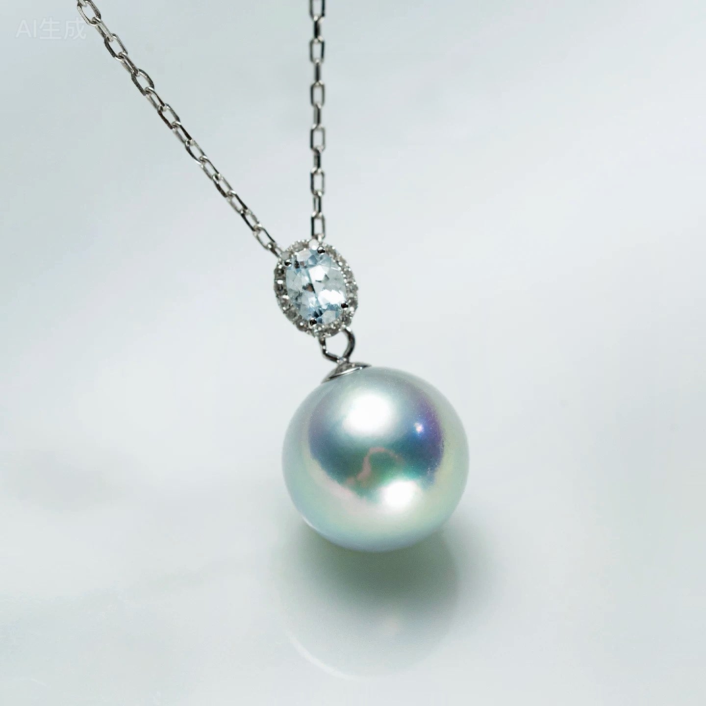 Ethereal Blue Topaz and Pearl Pendant Necklace with Diamond Halo