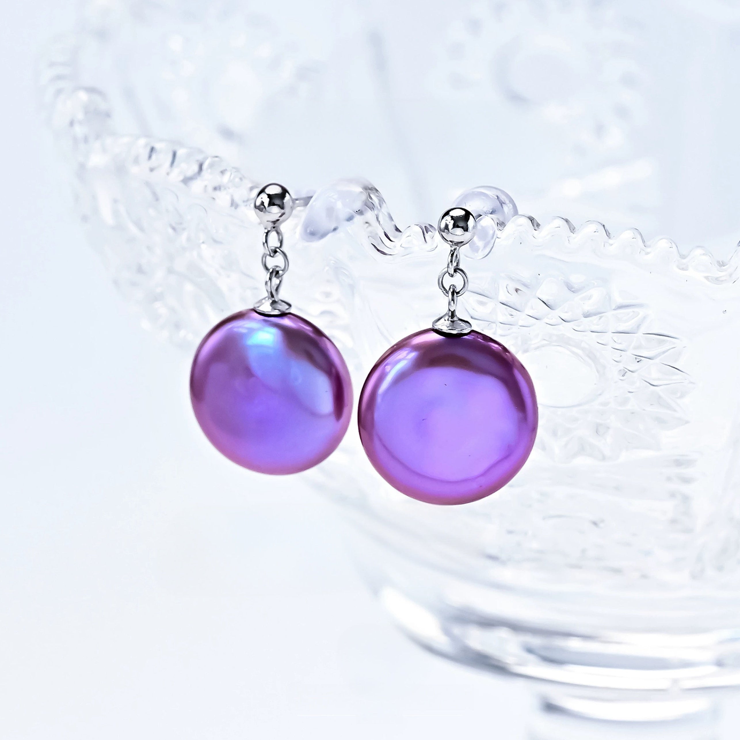 Amethyst Elegance: Iridescent Purple Pearl Drop Earrings with Silver Accents