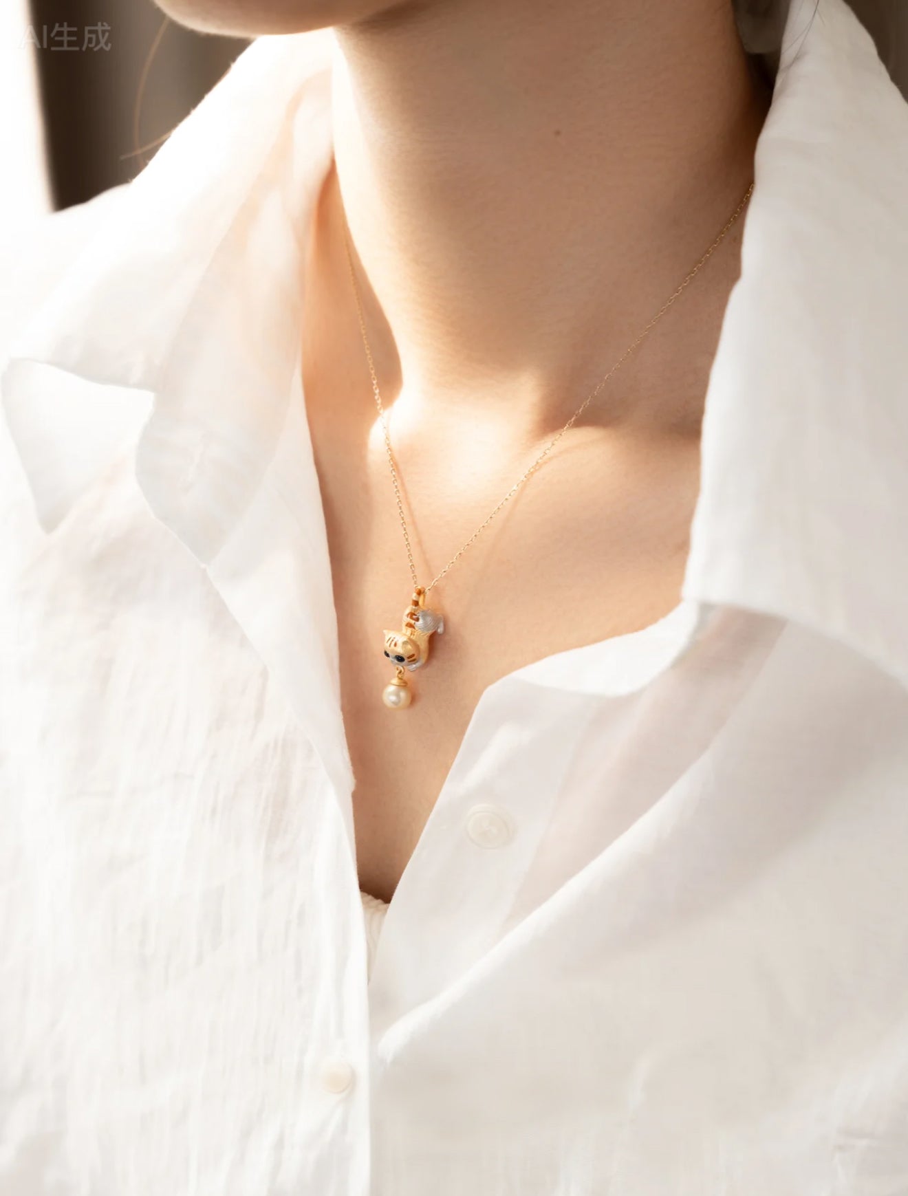 Whimsical Cat Pendant Necklace with Pearl Drop - Gold Plated Charm Necklace for Cat Lovers