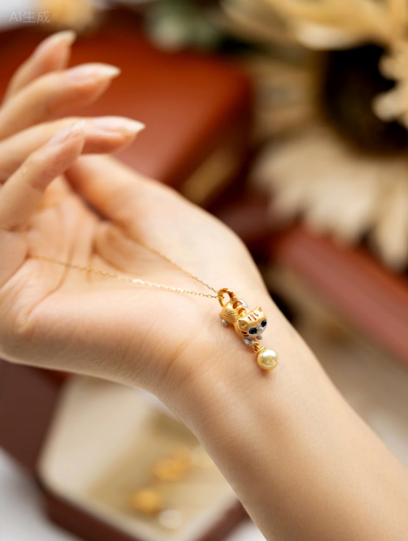 Whimsical Cat Pendant Necklace with Pearl Drop - Gold Plated Charm Necklace for Cat Lovers