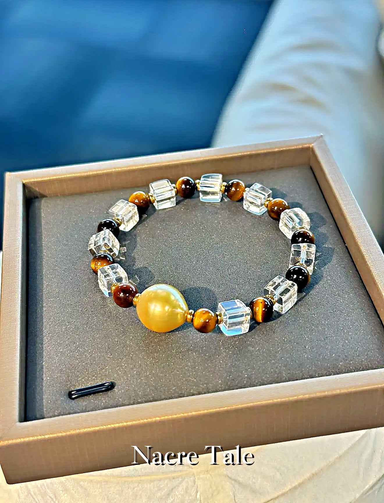 Nacre Tale Golden South Sea Pearl & Tiger Eye Statement Bracelet
