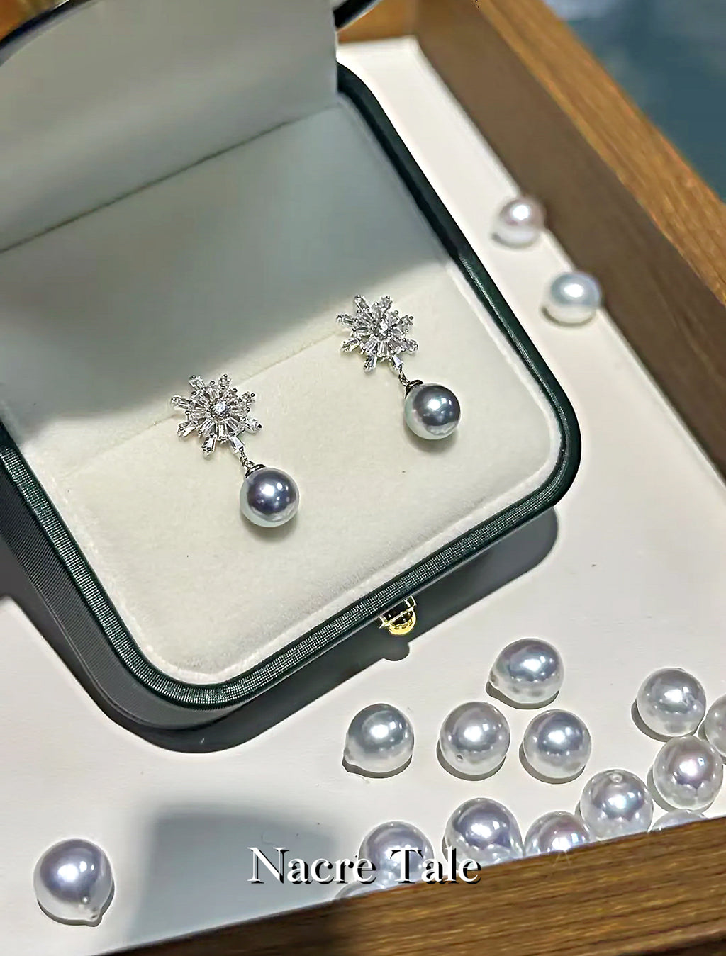 Nacre Tale Snowflake Pearl Drop Earrings - Sterling Silver with Akoya Pearls