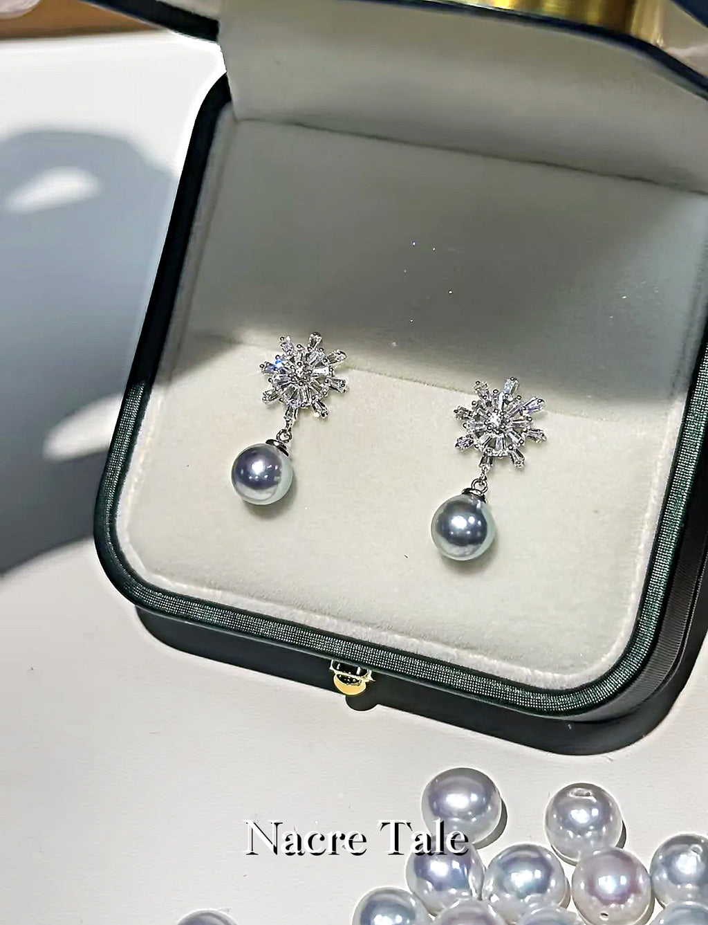 Nacre Tale Snowflake Pearl Drop Earrings - Sterling Silver with Akoya Pearls