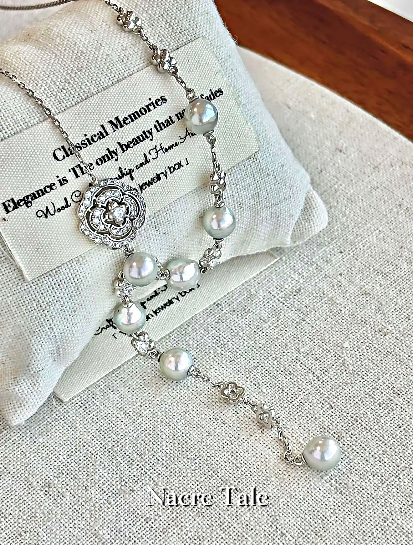 Nacre Tale Elegant Pearl Y-Necklace - Sterling Silver with Akoya Pearls & Cubic Zirconia