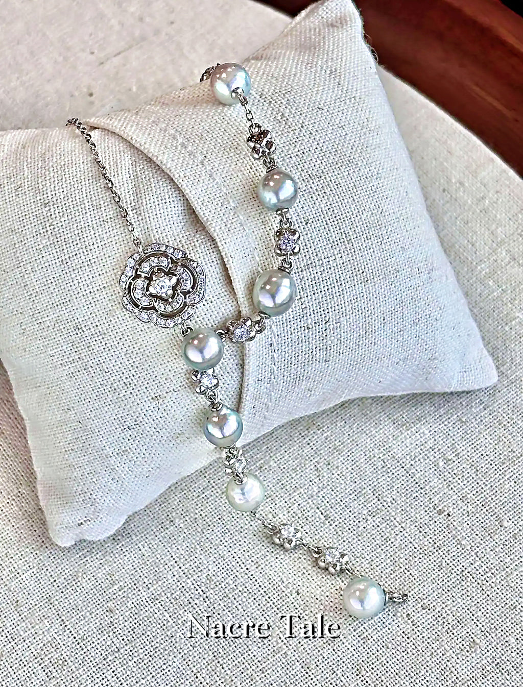 Nacre Tale Elegant Pearl Y-Necklace - Sterling Silver with Akoya Pearls & Cubic Zirconia