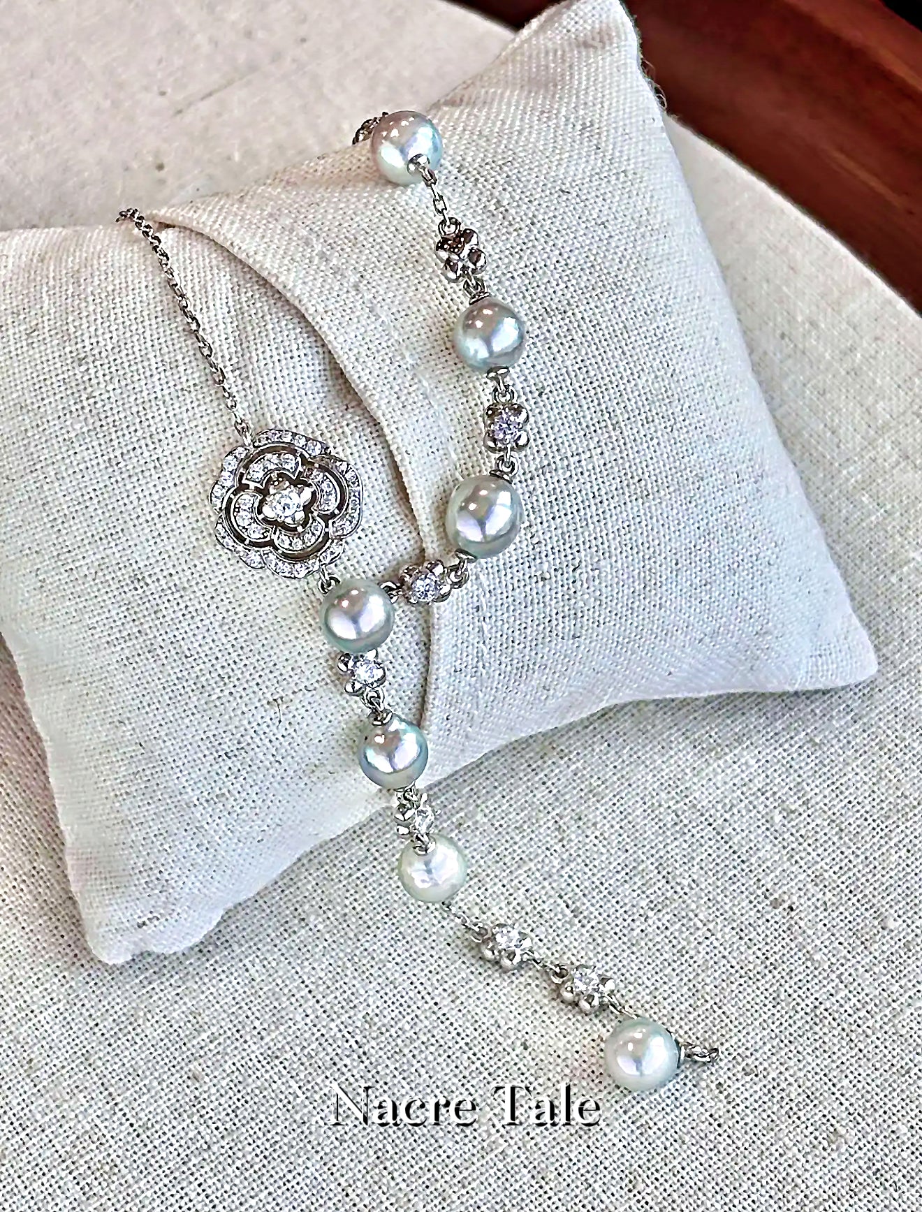 Nacre Tale Elegant Pearl Y-Necklace - Sterling Silver with Akoya Pearls & Cubic Zirconia
