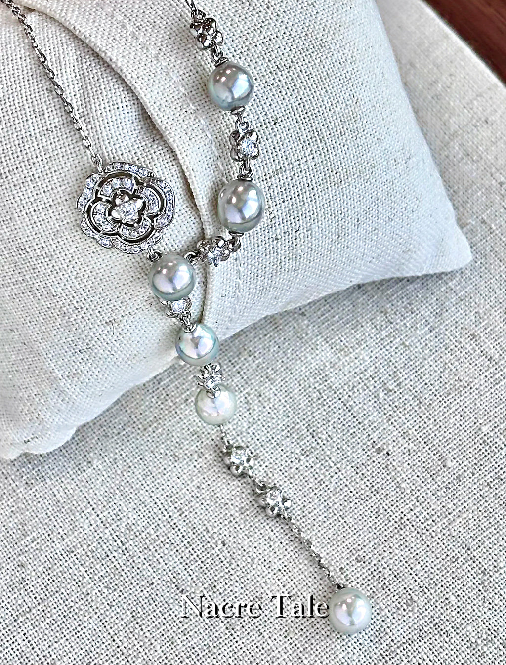 Nacre Tale Elegant Pearl Y-Necklace - Sterling Silver with Akoya Pearls & Cubic Zirconia