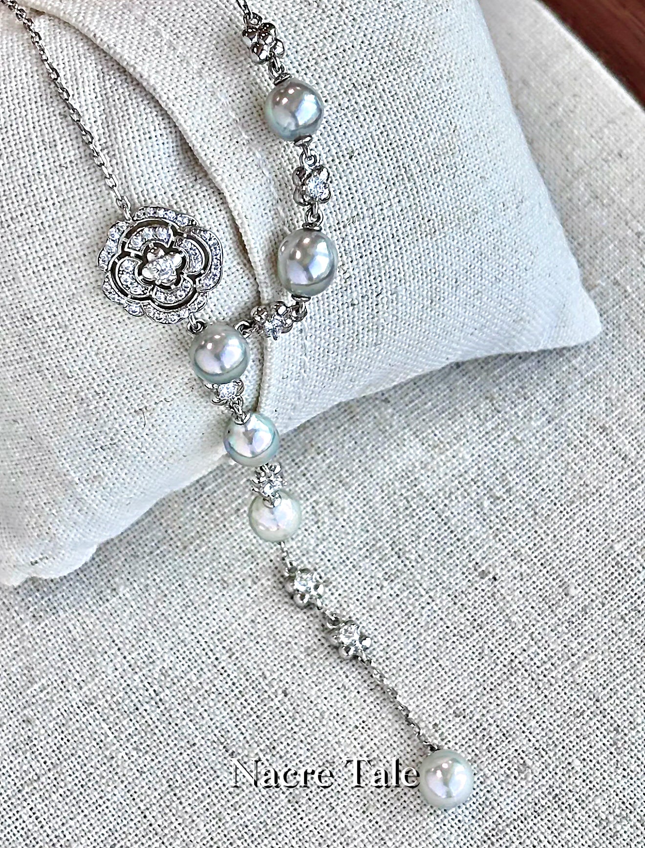 Nacre Tale Elegant Pearl Y-Necklace - Sterling Silver with Akoya Pearls & Cubic Zirconia
