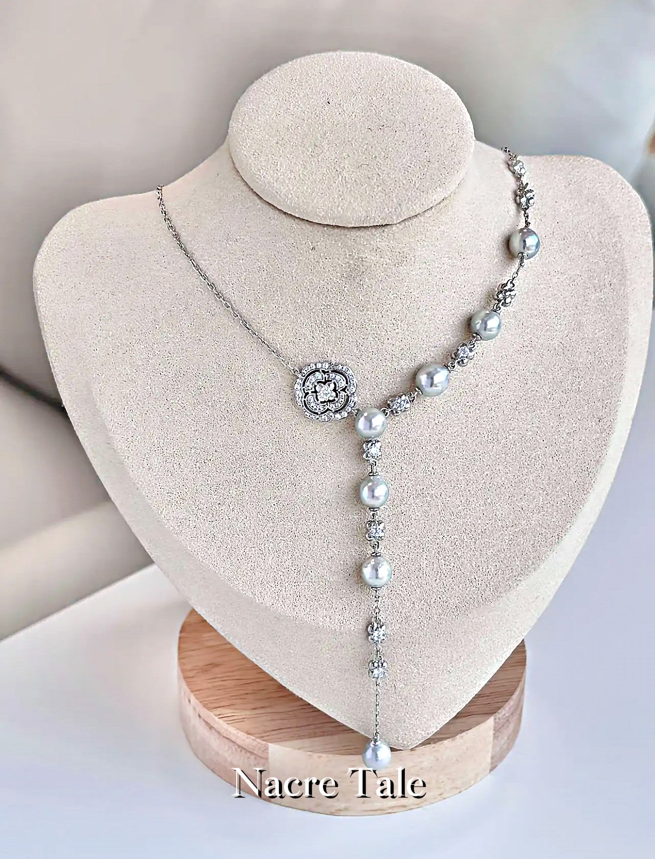 Nacre Tale Elegant Pearl Y-Necklace - Sterling Silver with Akoya Pearls & Cubic Zirconia