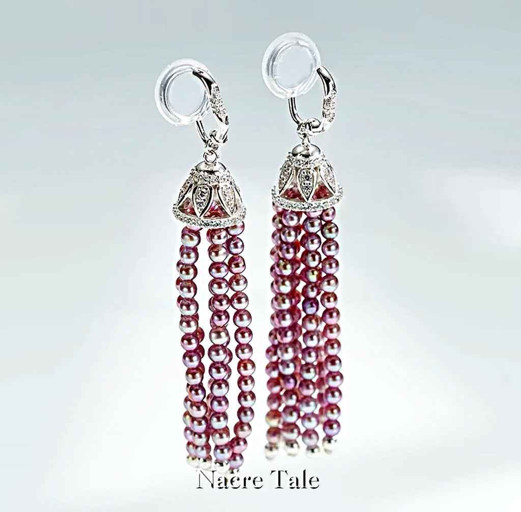 Nacre Tale Lavender Pearl Tassel Drop Earrings - Sterling Silver with Cubic Zirconia Accents
