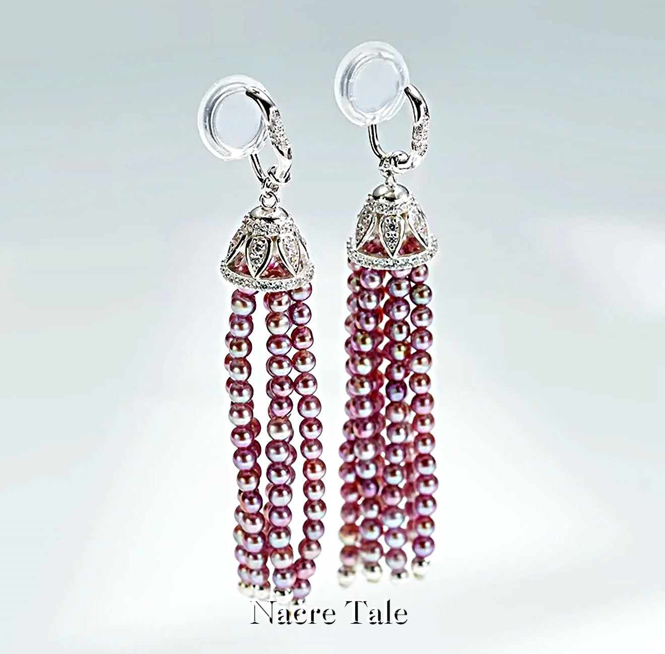 Nacre Tale Lavender Pearl Tassel Drop Earrings - Sterling Silver with Cubic Zirconia Accents