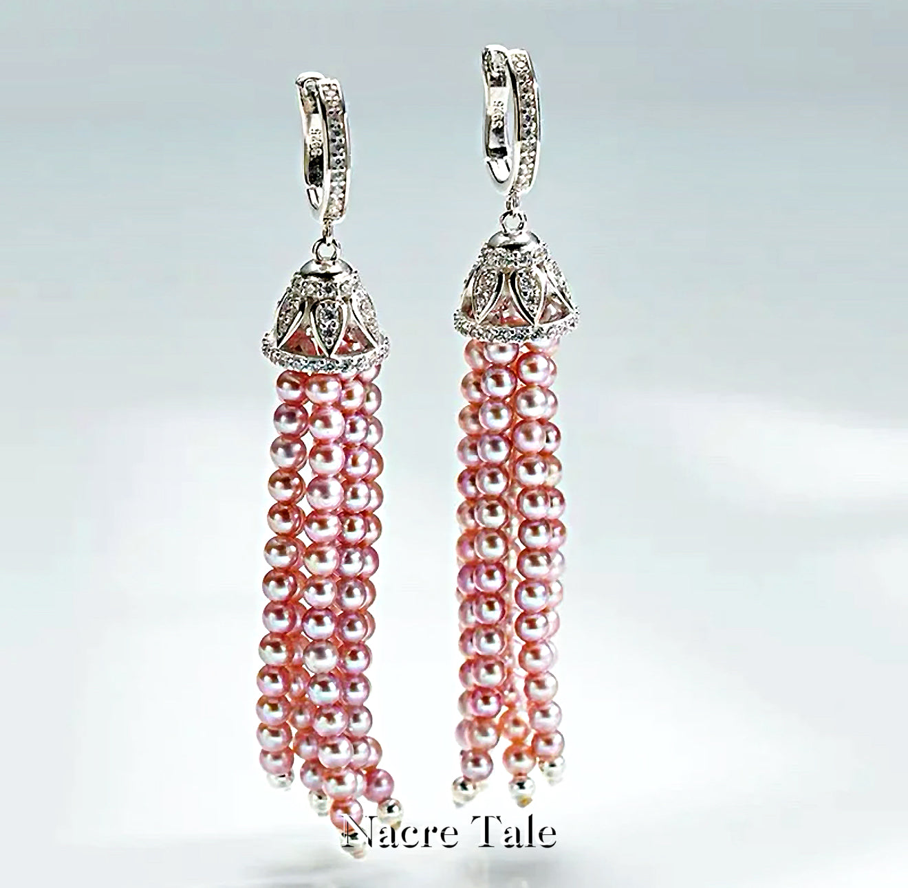 Nacre Tale Lavender Pearl Tassel Drop Earrings - Sterling Silver with Cubic Zirconia Accents