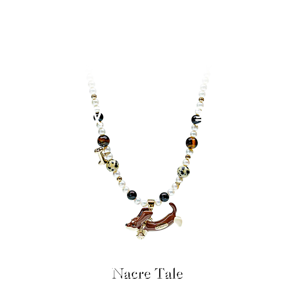 Nacre Tale Dachshund Pearl Charm Necklace - Pearl & Agate Beads with Pet Memorial Charm
