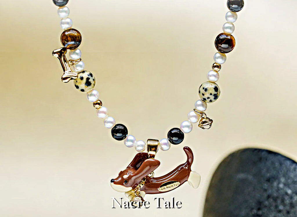 Nacre Tale Dachshund Pearl Charm Necklace - Pearl & Agate Beads with Pet Memorial Charm