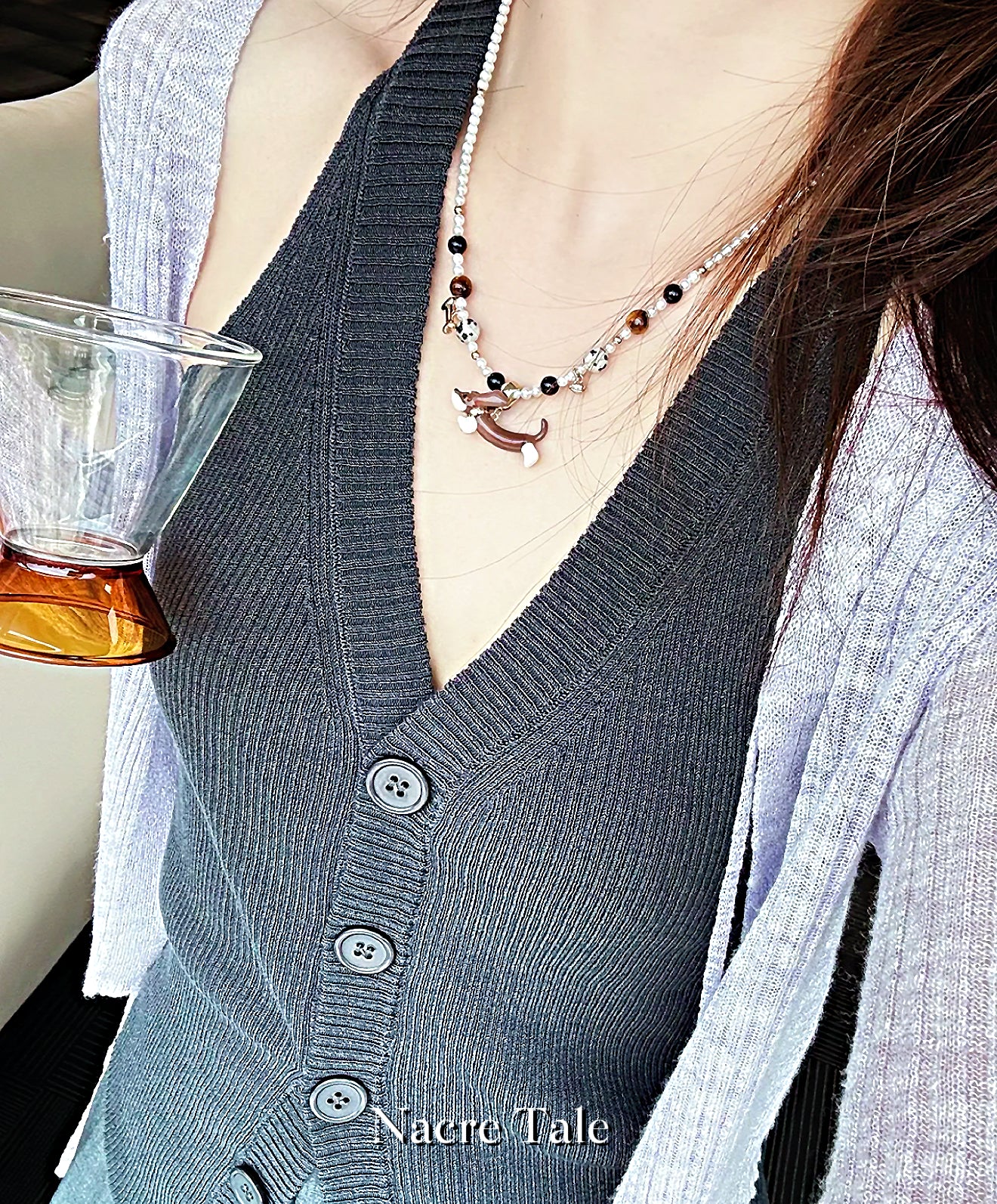 Nacre Tale Dachshund Pearl Charm Necklace - Pearl & Agate Beads with Pet Memorial Charm