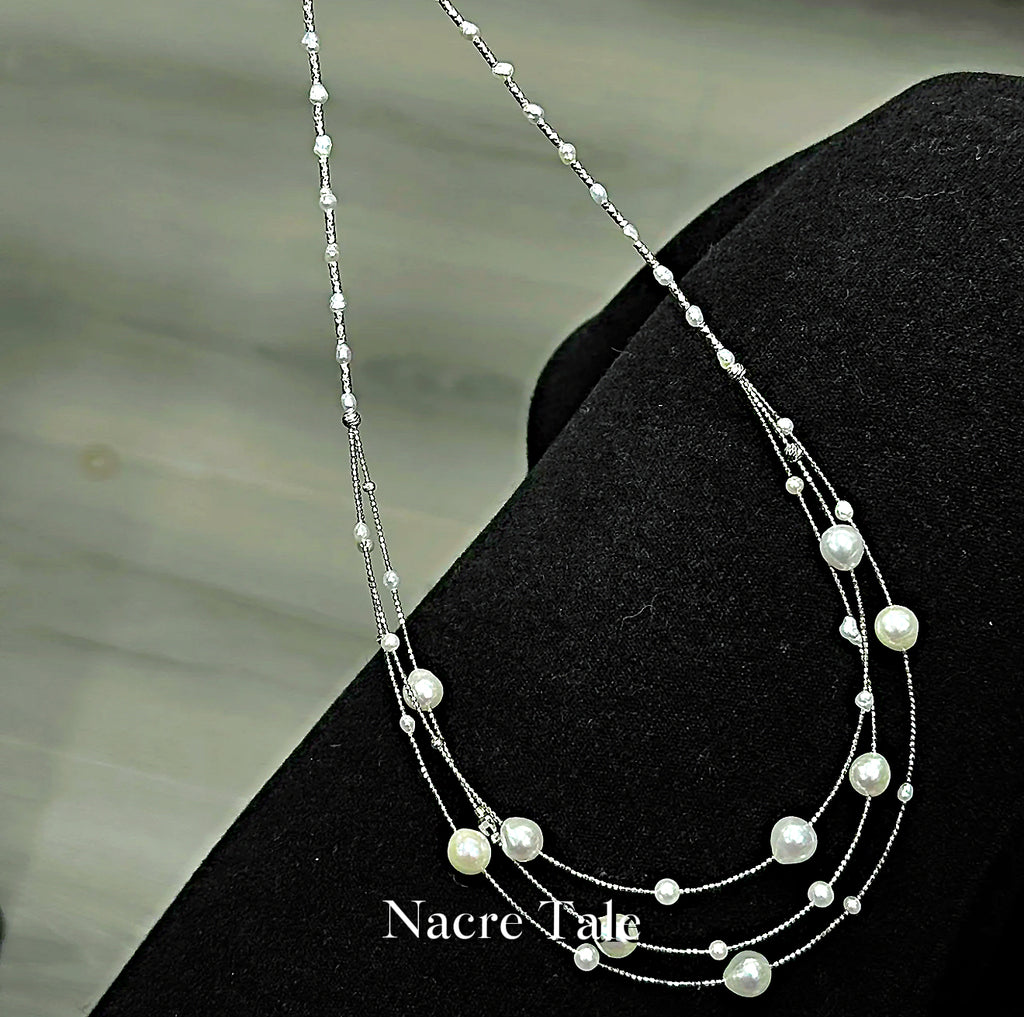 Nacre Tale Multi-Strand Pearl Choker - Layered Freshwater Pearls with Silver Chain